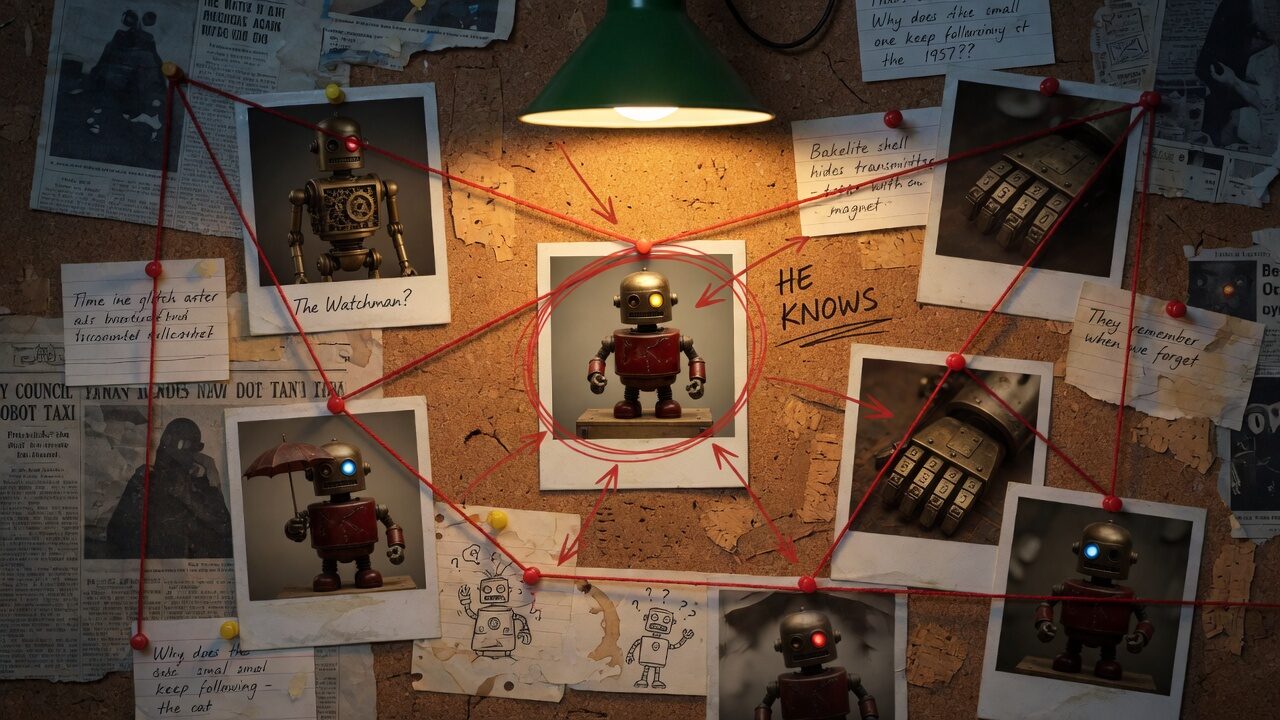 A dark corkboard conspiracy wall of vintage robot Polaroids, handwritten notes, and red string under a green desk lamp, with the central figure circled and labeled HE KNOWS.