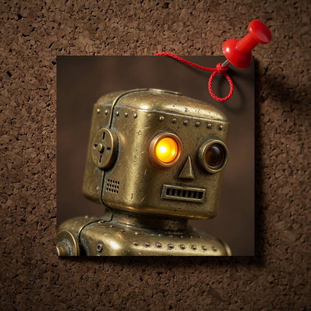 Brass robot head with one glowing amber eye, pinned to cork with a red pushpin and a loop of red string.