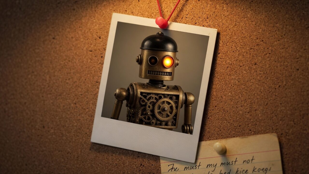 A slightly crooked Polaroid of a brass gear-chested robot with one glowing amber eye, pinned to cork with red string, beside a handwritten index card.